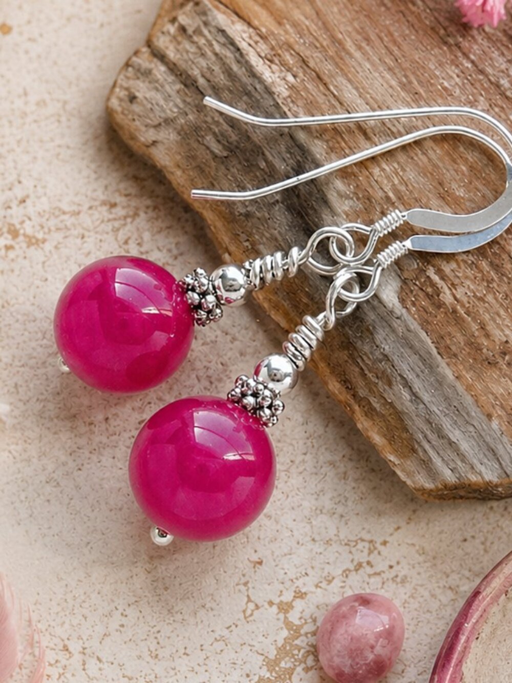 Hot Pink Agate Earrings 925 Sterling Silver Dangle Simple Classic Minimal